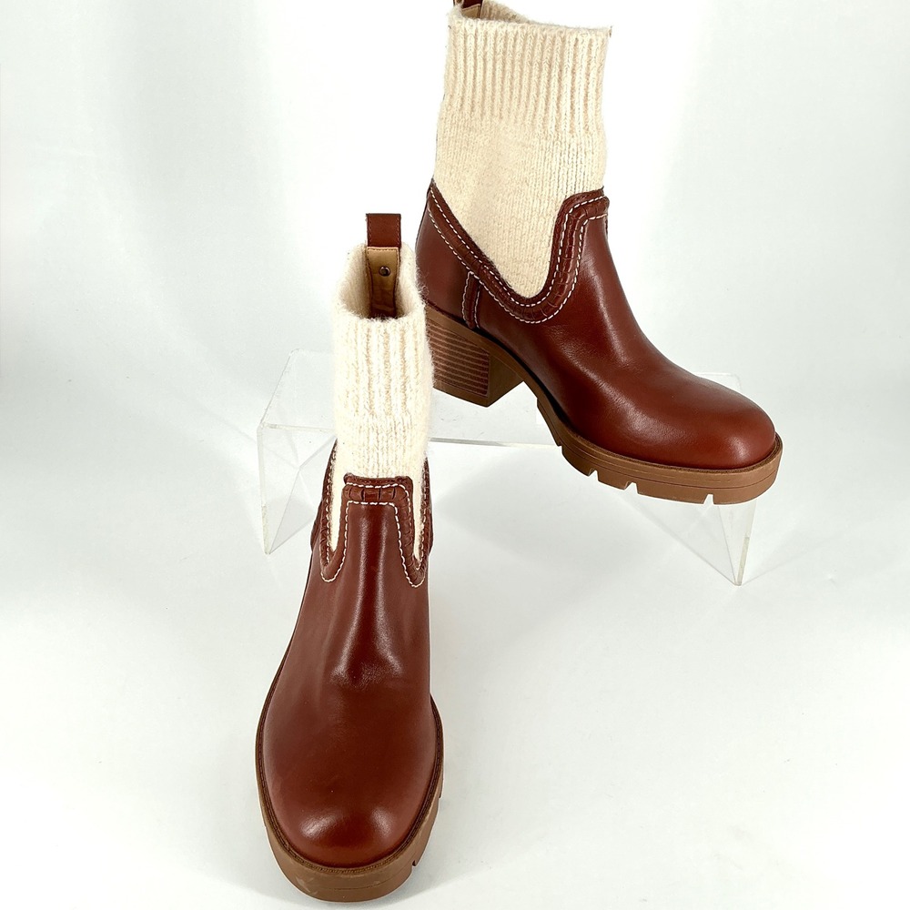 Nine West Size 7.5  Brown Leather Knit Lug Sole Ankle Boots Popit Stacked Heel - Picture 3 of 16